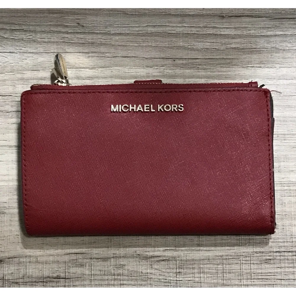 Michael Kors Women's Burgundy Wallet Gold Hardware Logo Zipper Accent